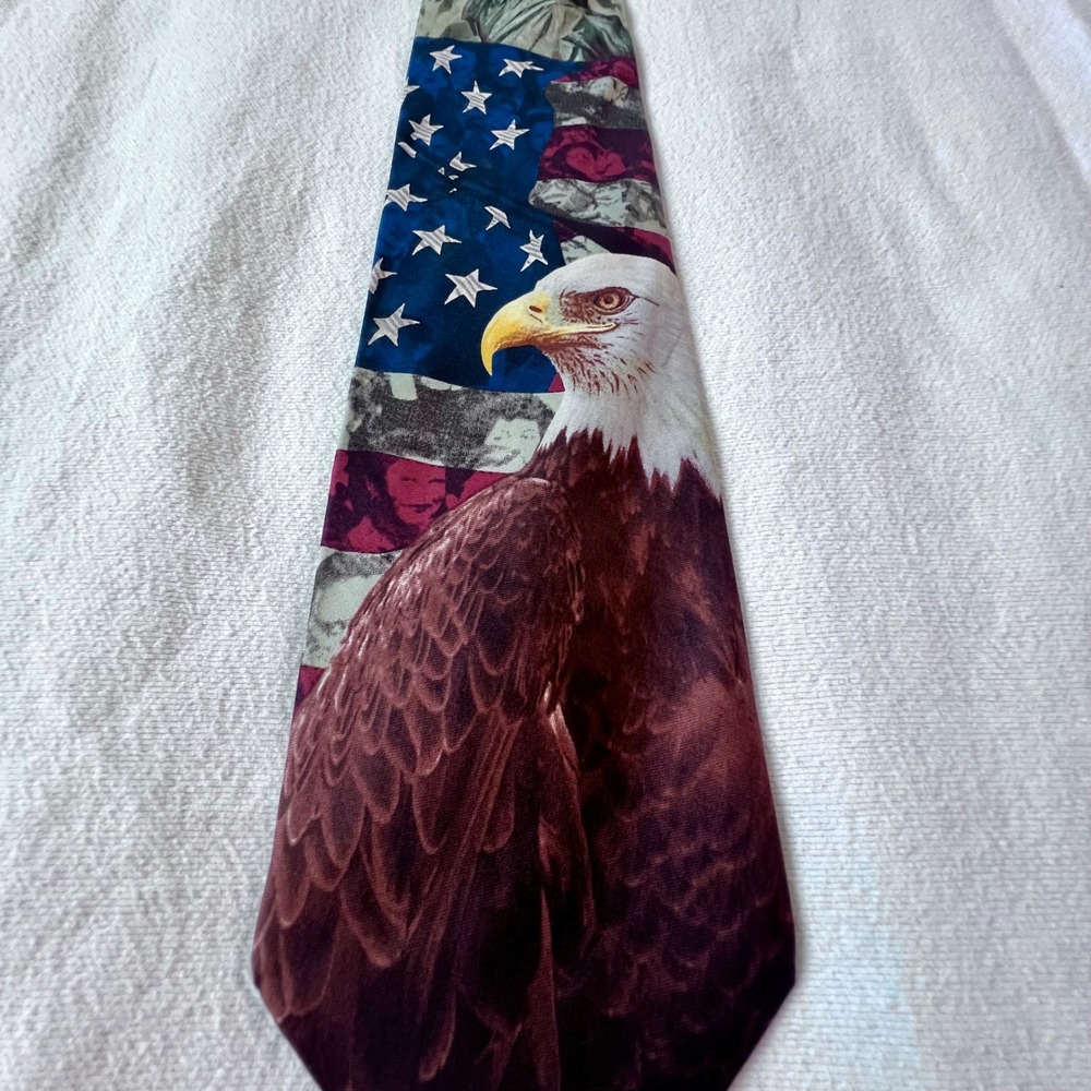 Eagles Wings Mens Silk Tie American Flag Bald Eagle Statue of Liberty Patriotic - Picture 3 of 6